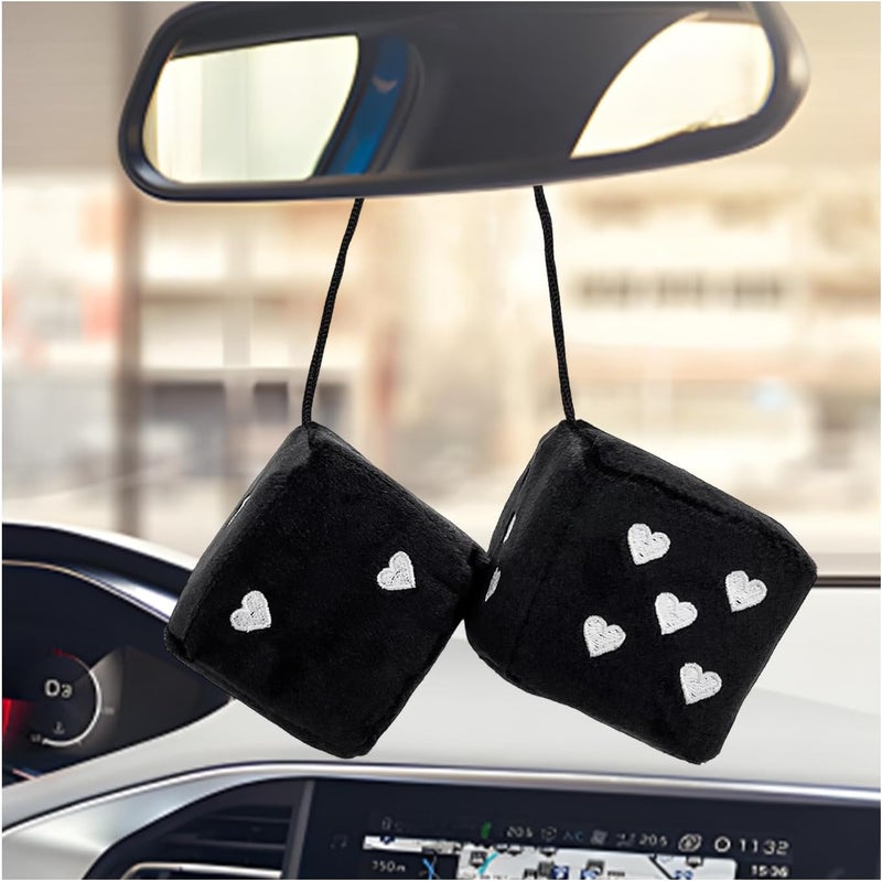 ZNDAW 2 PCS Fuzzy Plush Dice for Car Mirror, 2.75" Retro Square Heart Shape Car Rearview Mirror Cute Decor, Fluffy Dice Vehicle Hanging Ornament Decoration Interior for Women (Black) - Image 1